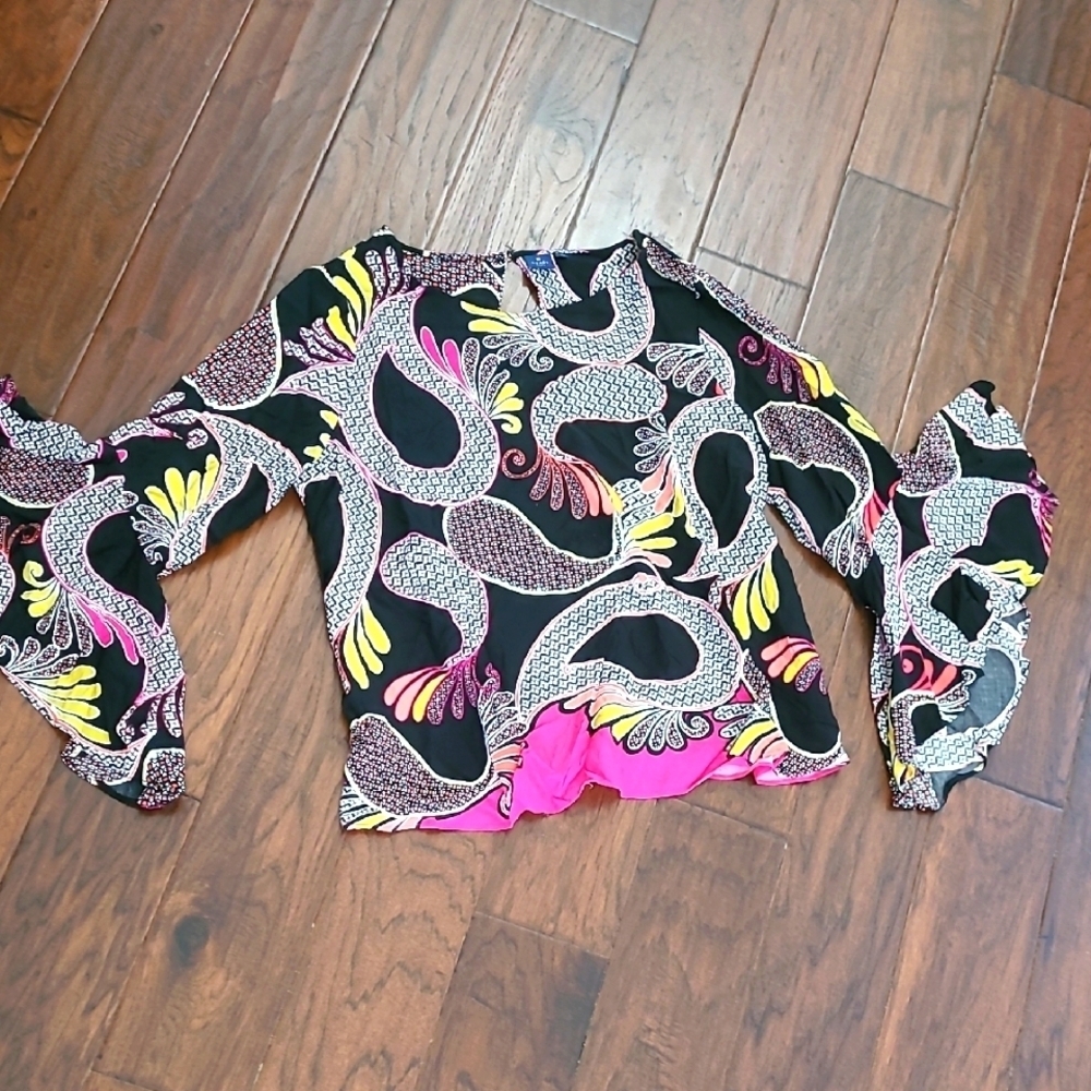 Kaari Blue Colorful Blouse with Dramatic Sleeves size XL